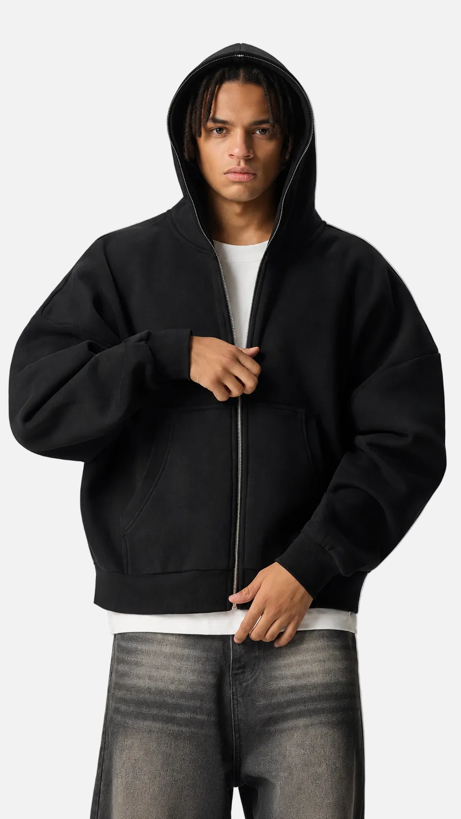 Fleeced Full-Zip Boxy Hoodie